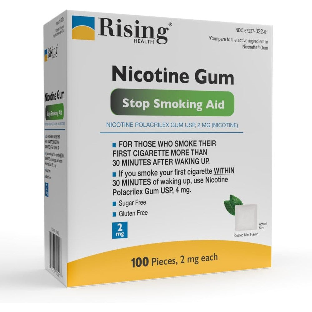 Rising Health Nicotine Polacrilex 2mg Coated Gum front packaging for smoking cessation.