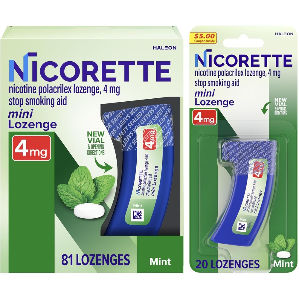 Nicorette 4 mg Mini Nicotine Lozenges front view of the packaging dispenser