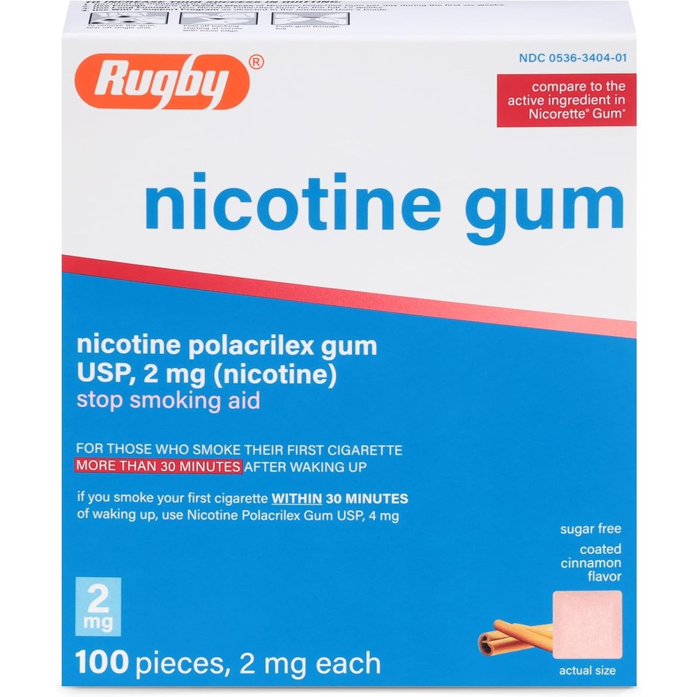 Rugby Laboratories Nicotine Polacrilex 2mg Gum front box view for smoking cessation.