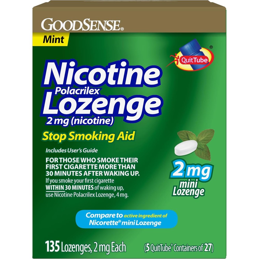 GoodSense Mini Nicotine Polacrilex Lozenge 2 mg mint flavor front view package for smoking cessation support