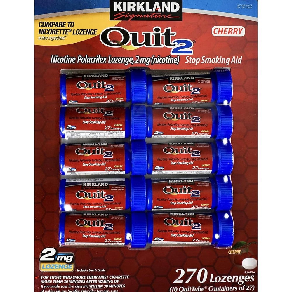 Kirkland Signature Quit 2 Nicotine Polacrilex Lozenges front packaging showing cherry flavor
