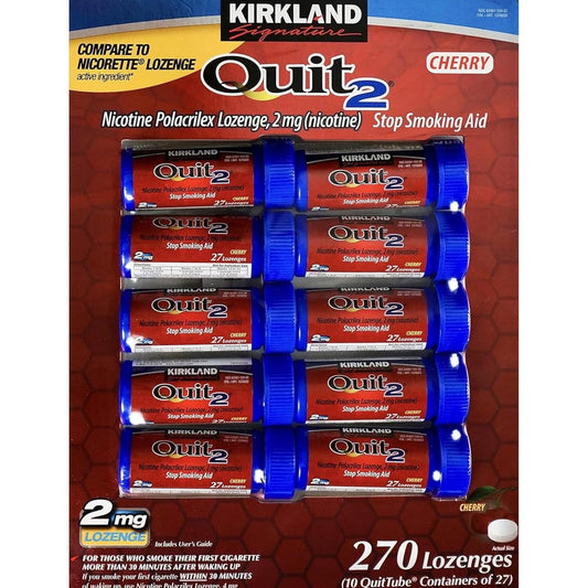 Kirkland Signature Quit 2 Nicotine Polacrilex Lozenges front packaging showing cherry flavor