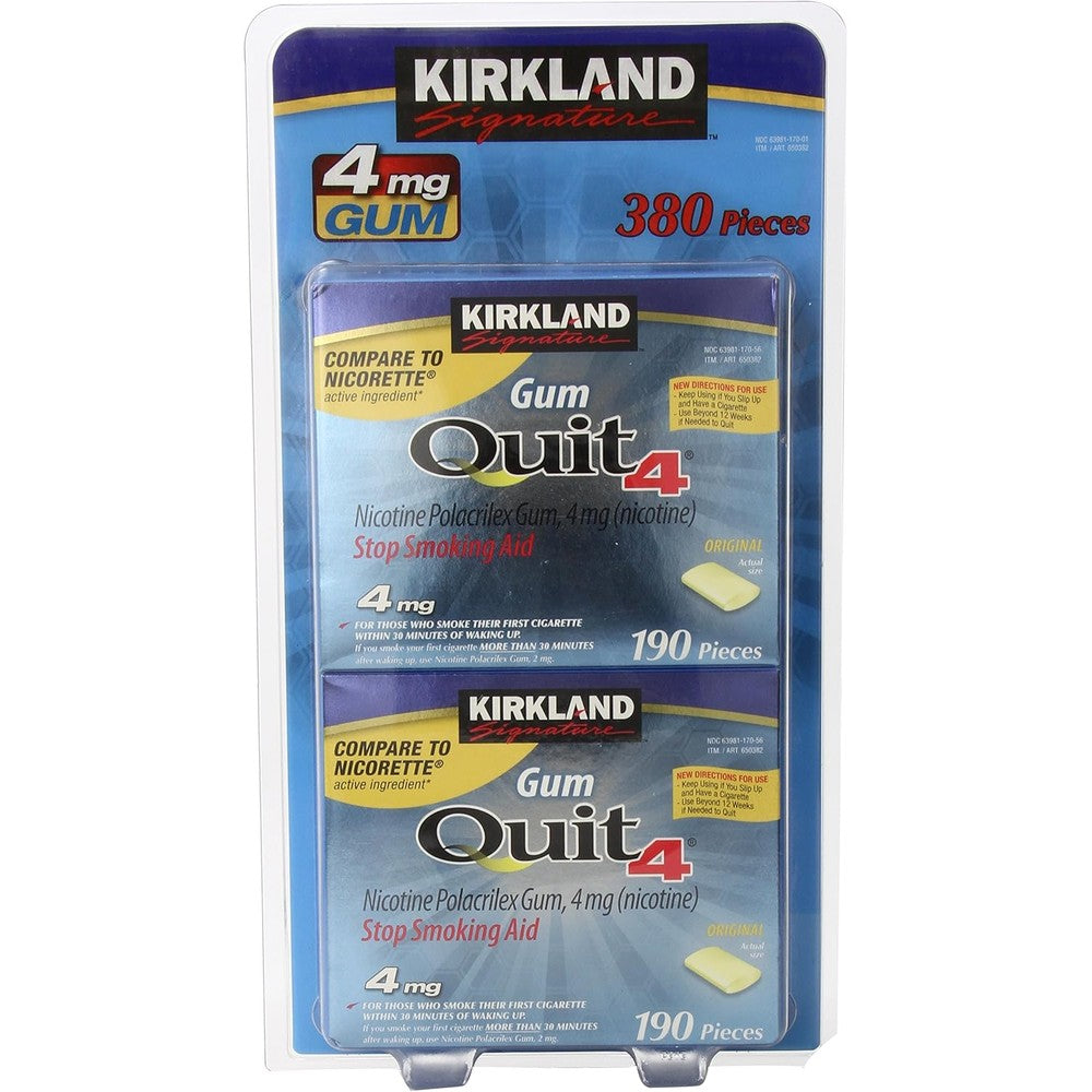 Kirkland Signature Nicotine Gum 4mg front packaging showing 380 pieces.