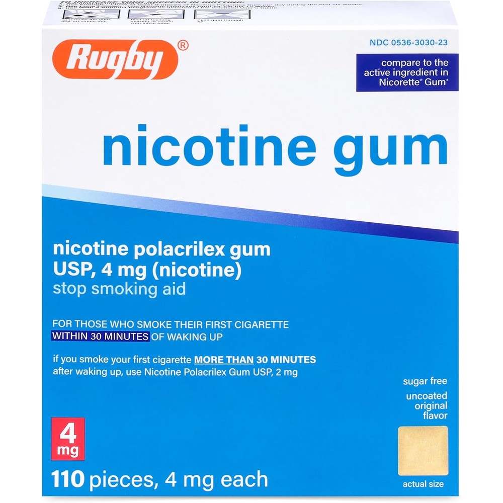 Rugby Laboratories Nicotine Polacrilex Gum 4mg front packaging stop smoking aid.