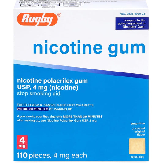 Rugby Laboratories Nicotine Polacrilex Gum 4mg front packaging stop smoking aid.
