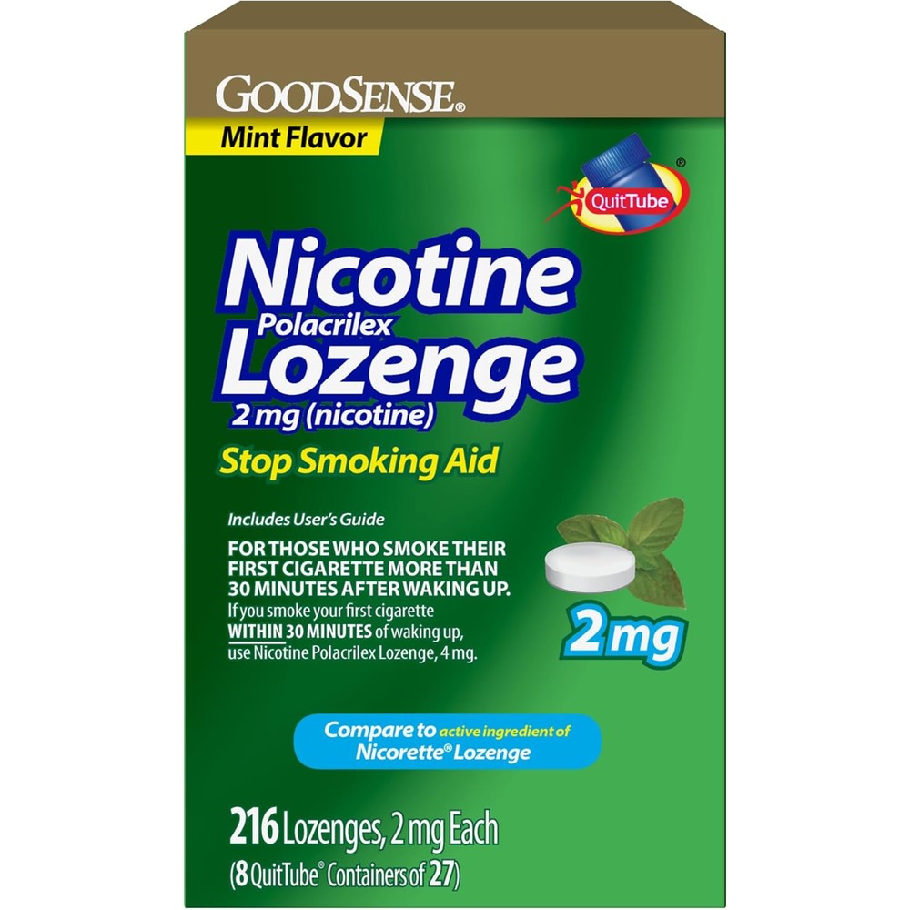 GoodSense Nicotine Polacrilex Lozenge 2 milligram packaging front view for smoking cessation support