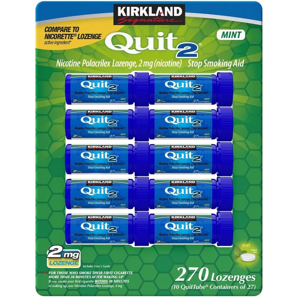 Kirkland Signature Quit2 2mg Nicotine Lozenges front view authentic smoking cessation aid.