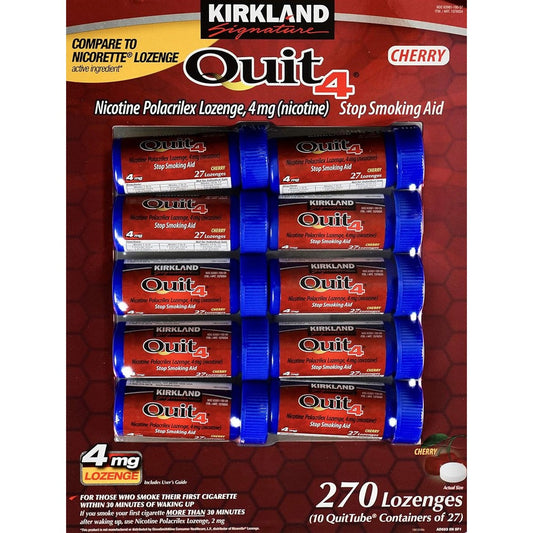 Kirkland Signature Quit 4 Nicotine Polacrilex Lozenges front packaging for smoking cessation relief.