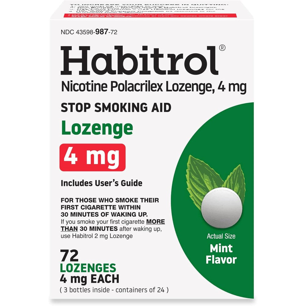 Habitrol Nicotine Lozenges 4 mg Mint Flavor 72 Count front packaging for smoking cessation.