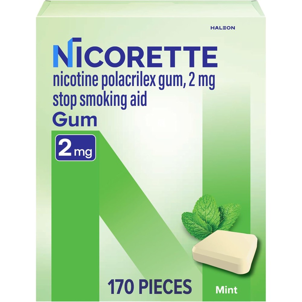 Nicorette 2mg Mint Nicotine Gum 170 count box front view for smoking cessation.