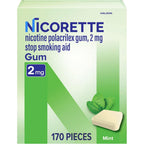 Nicorette 2mg Mint Nicotine Gum 170 count box front view for smoking cessation.