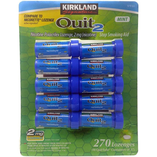 Kirkland Signature Quit2 2mg Nicotine Lozenges 270 count front packaging for smoking cessation aid.