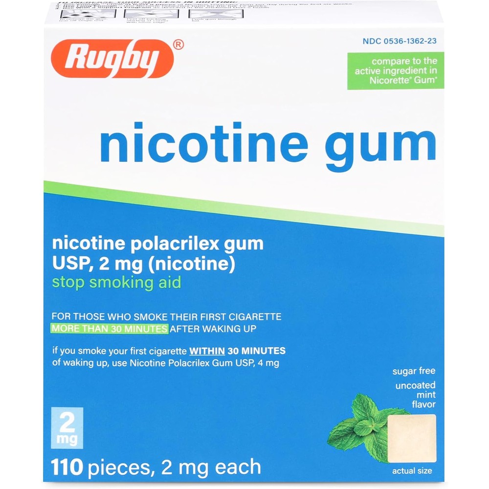 Rugby Laboratories 2mg Nicotine Polacrilex Gum front box view for smoking cessation.