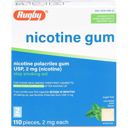 Rugby Laboratories 2mg Nicotine Polacrilex Gum front box view for smoking cessation.