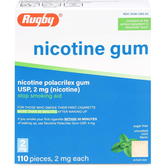Rugby Laboratories 2mg Nicotine Polacrilex Gum front box view for smoking cessation.