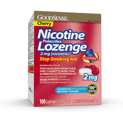 GoodSense Nicotine Polacrilex Lozenge 2 mg 108 Count front box view for smoking cessation.