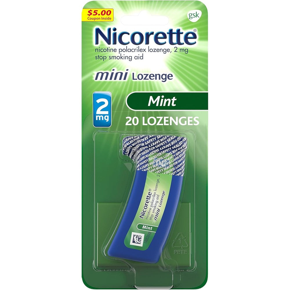 Nicorette 2 mg Mini Nicotine Lozenges front packaging view smoking cessation aid.