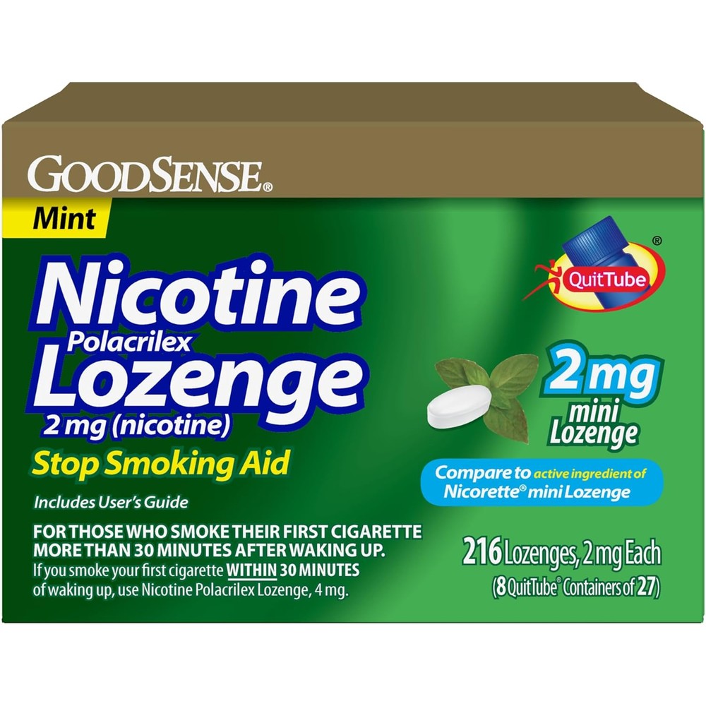 GoodSense Mini Nicotine Polacrilex Lozenge 2mg 216 count pack front view.