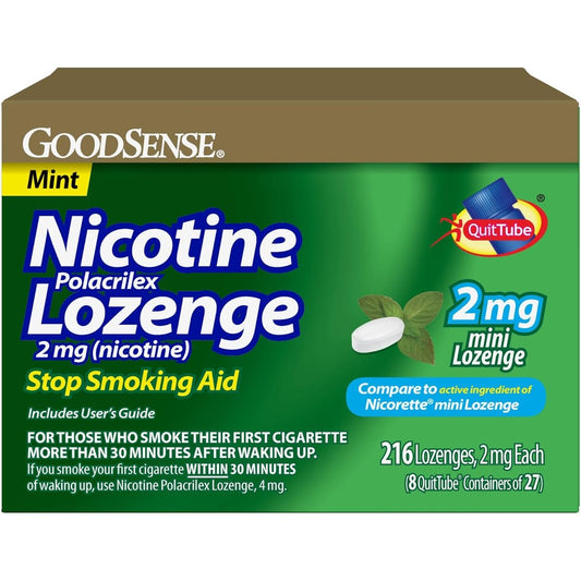 GoodSense Mini Nicotine Polacrilex Lozenge 2mg 216 count pack front view.