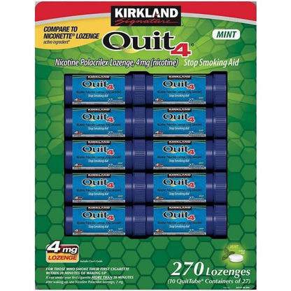 Kirkland Signature Quit4 4mg Nicotine Lozenges front packaging for smoking cessation.