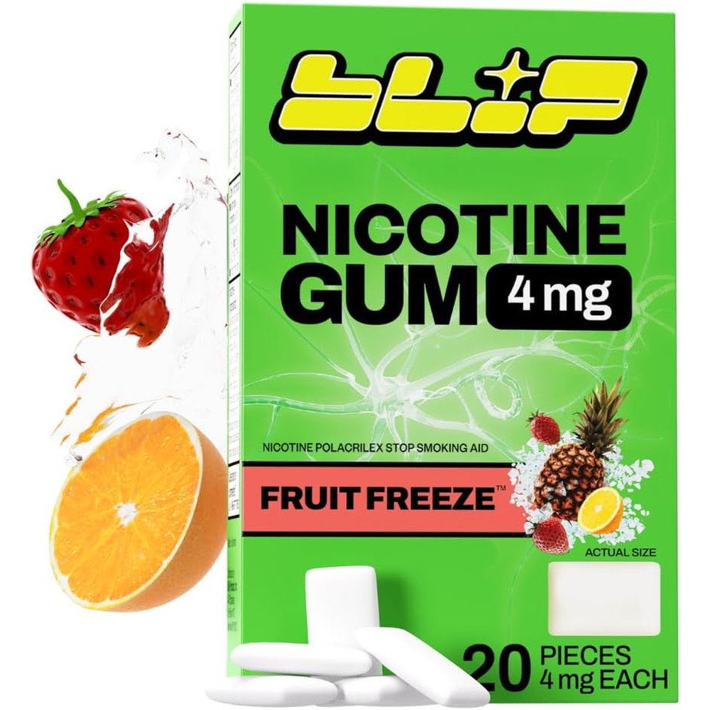 Blip NRT Nicotine Gum 4mg Fruit Freeze 20 count front packaging for smoking cessation.