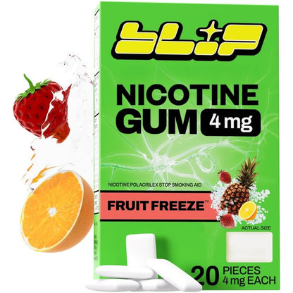 Blip NRT Nicotine Gum 4mg Fruit Freeze 20 count front packaging for smoking cessation.