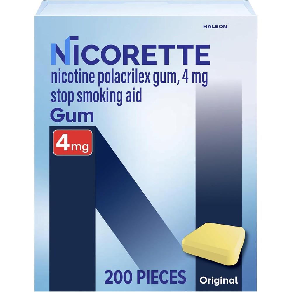Nicorette Nicotine Gum 4mg Original Flavor 200 Count front package view for smoking cessation aid.