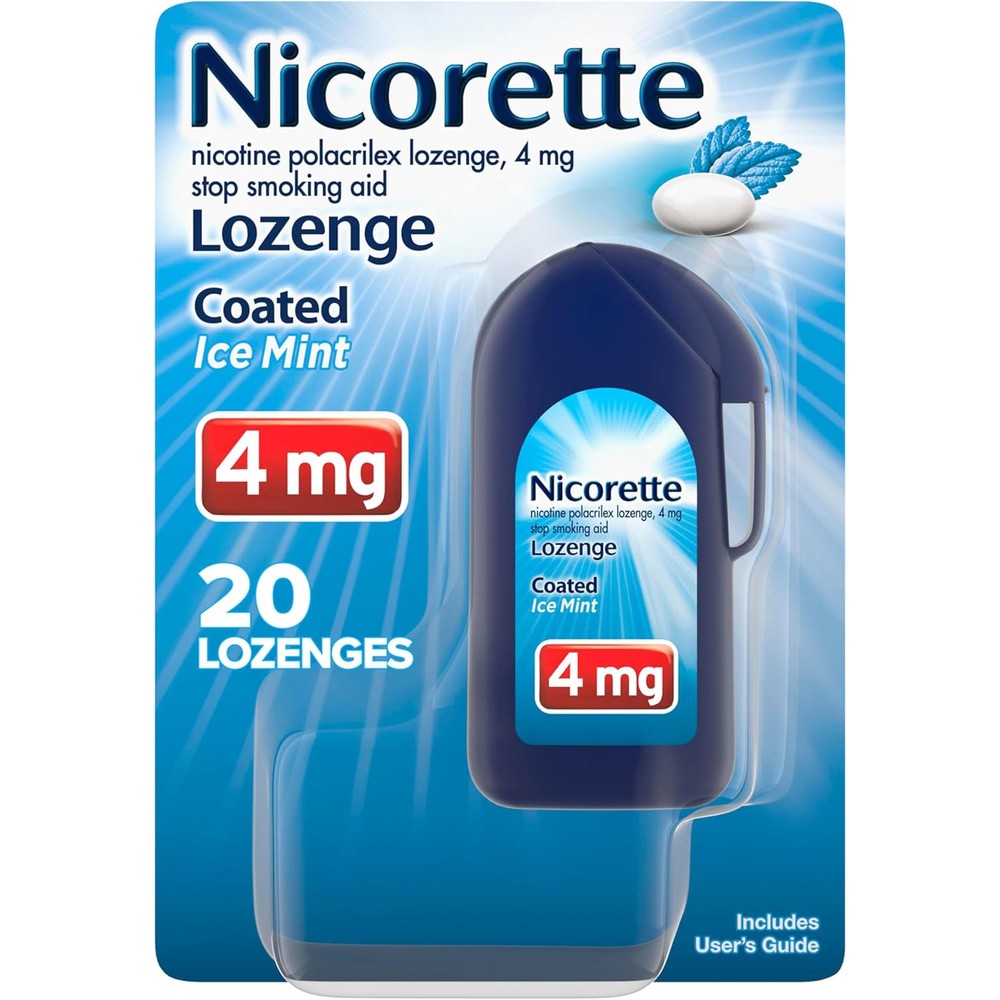 Nicorette 4 mg Coated Nicotine Lozenges front packaging for smoking cessation