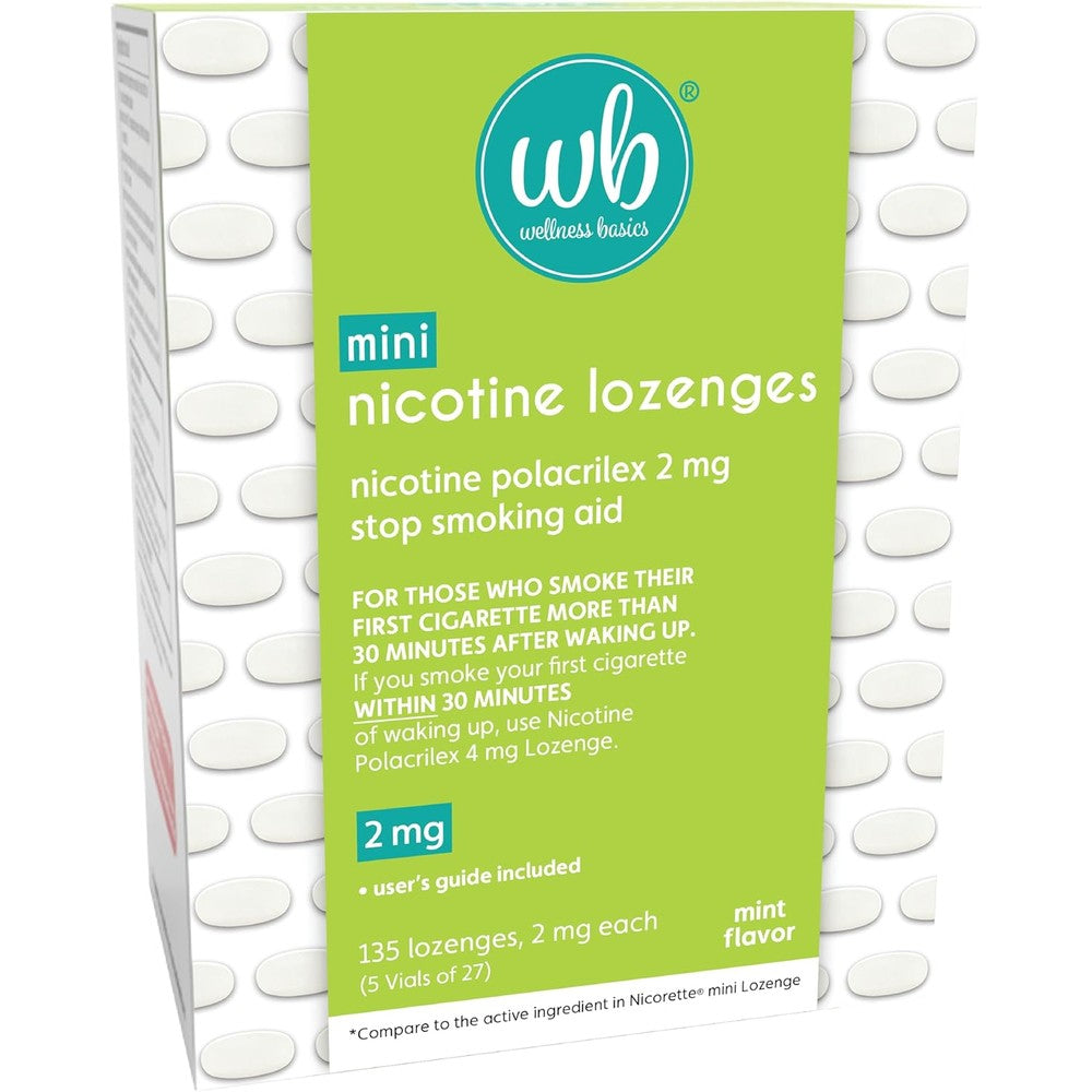 Wellness Basics Mini Nicotine Lozenge 2mg front view of packaging and vials