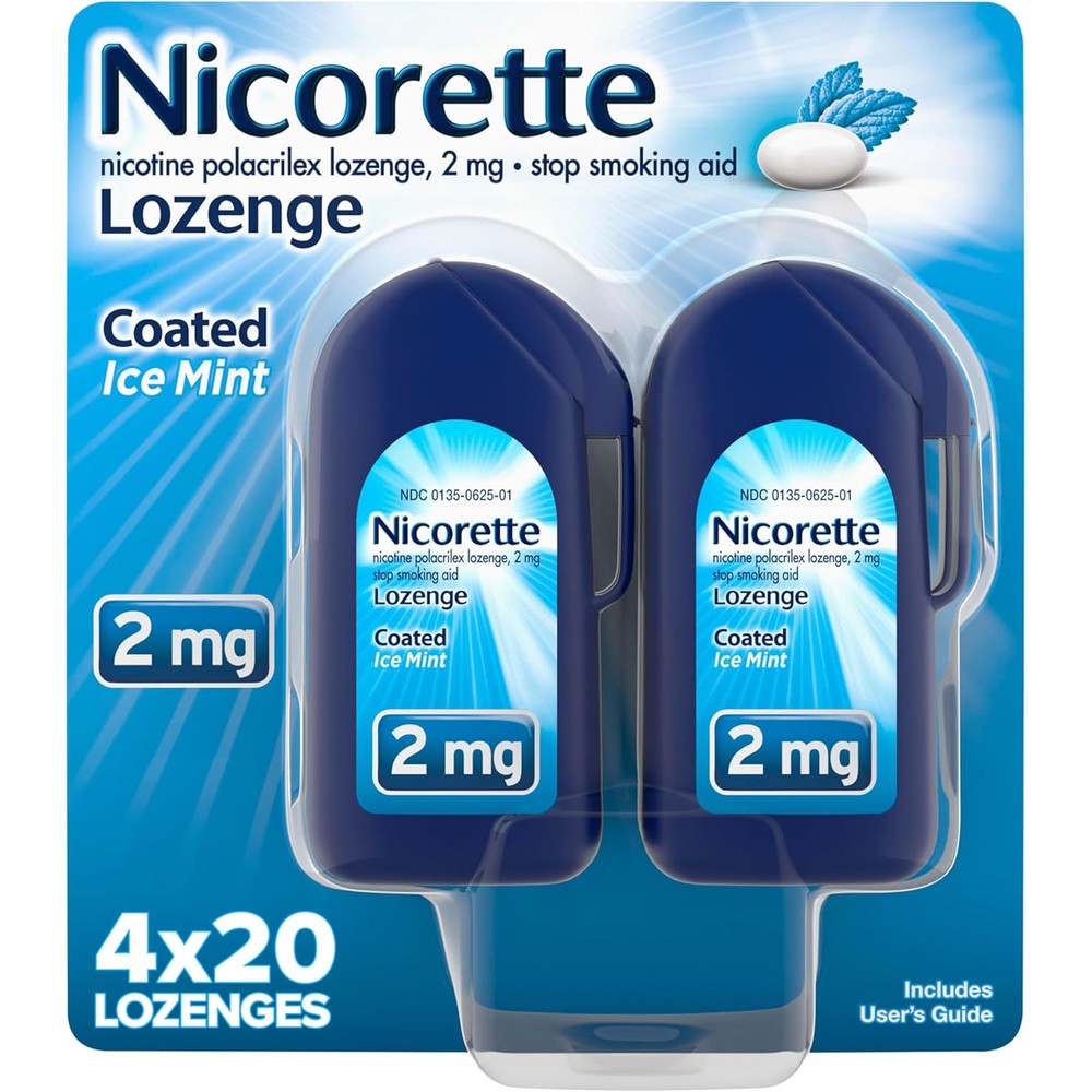 Nicorette 2 mg Coated Nicotine Lozenges front view of 80 count pack for smoking cessation.