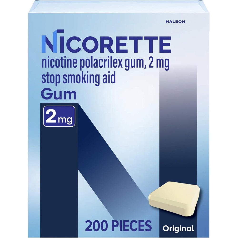 Nicorette 2 mg Nicotine Gum 200 Count front packaging for smoking cessation.