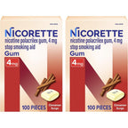Nicorette Nicotine Gum 4mg Cinnamon Surge 200 count front packaging view showing stop smoking aid boxes