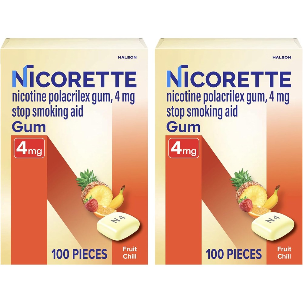 Nicorette nicotine gum four milligram front view box packaging for craving relief