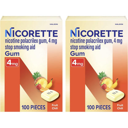 Nicorette nicotine gum four milligram front view box packaging for craving relief
