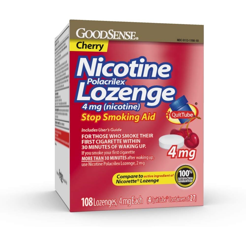 GoodSense Nicotine Lozenge 4 mg 108 count front box view smoking cessation aid.