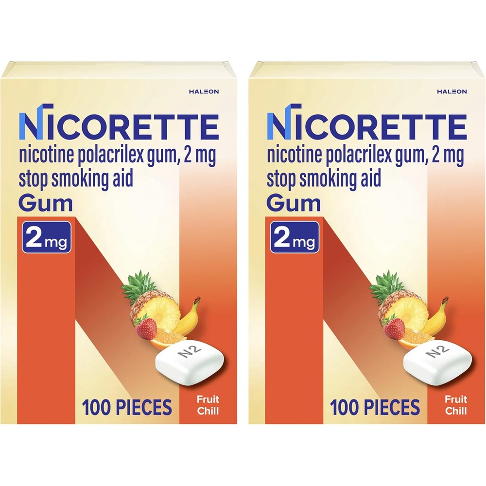 Nicorette Nicotine Gum Fruit Chill 2mg front packaging for smoking cessation support