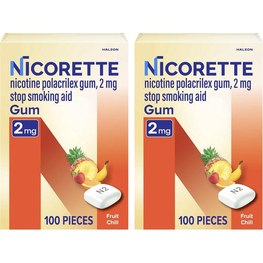 Nicorette Nicotine Gum Fruit Chill 2mg front packaging for smoking cessation support