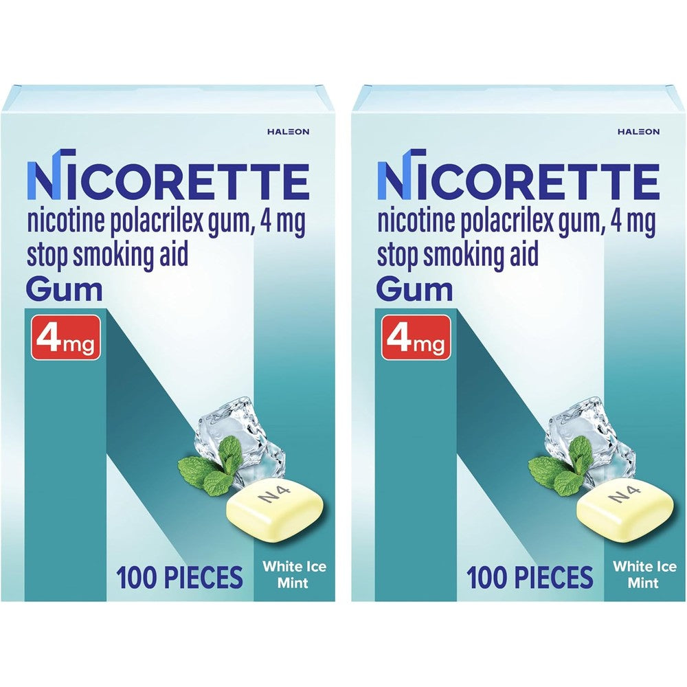 Nicorette Nicotine Gum 4mg White Ice Mint front packaging for smoking cessation.