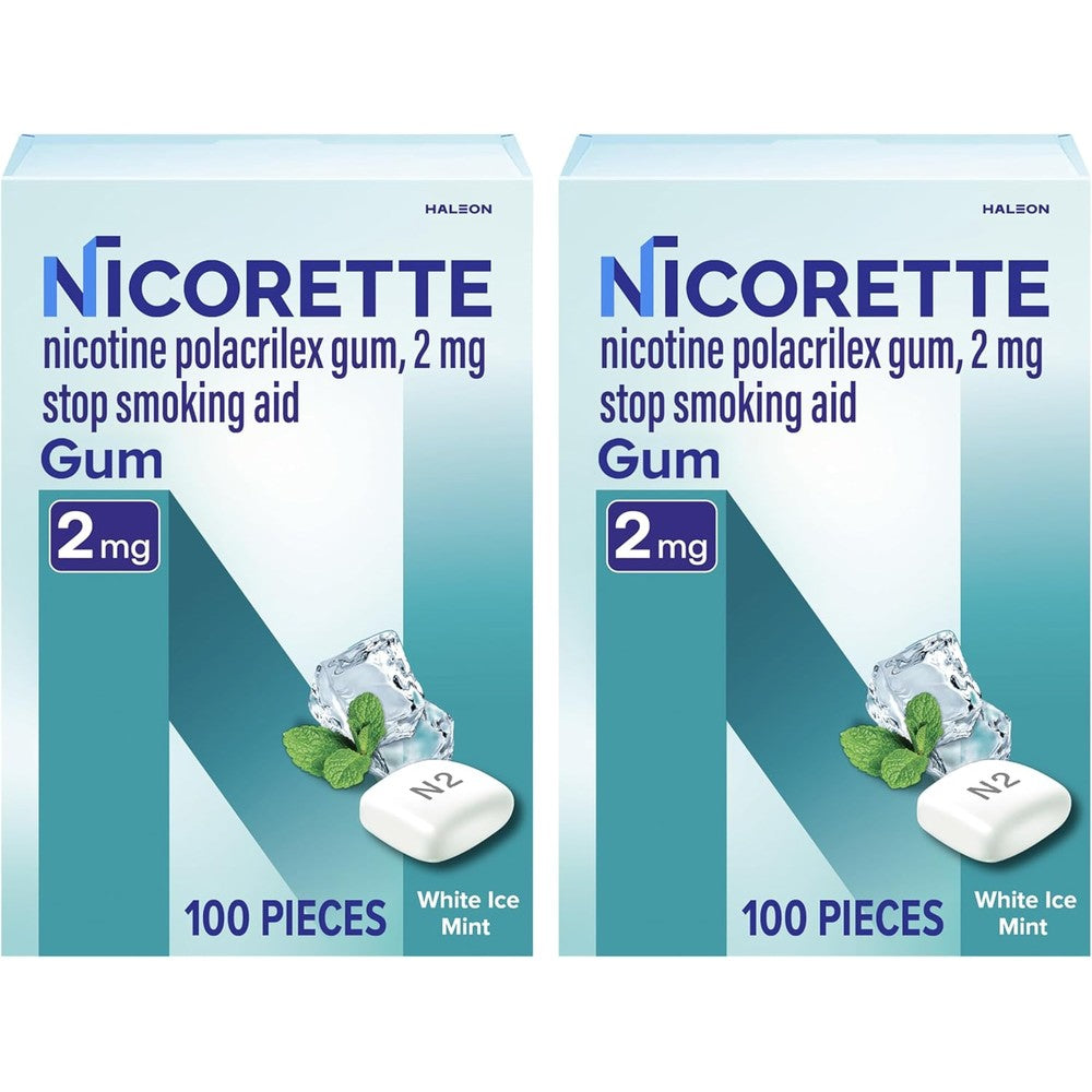 Nicorette Nicotine Gum 2mg White Ice Mint 200 count front box view stop smoking aid