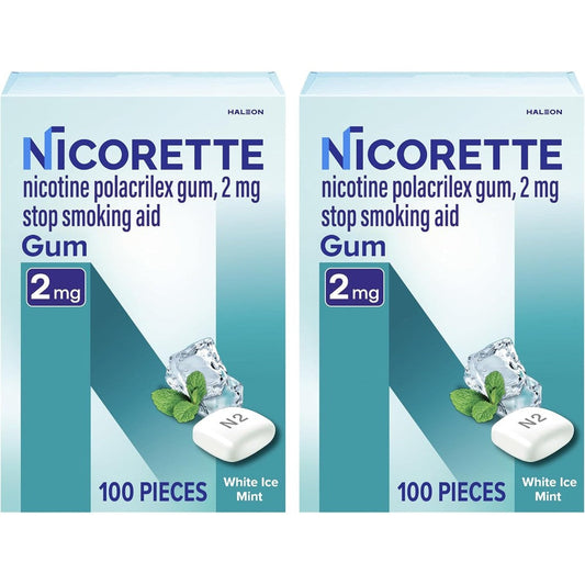 Nicorette Nicotine Gum 2mg White Ice Mint 200 count front box view stop smoking aid
