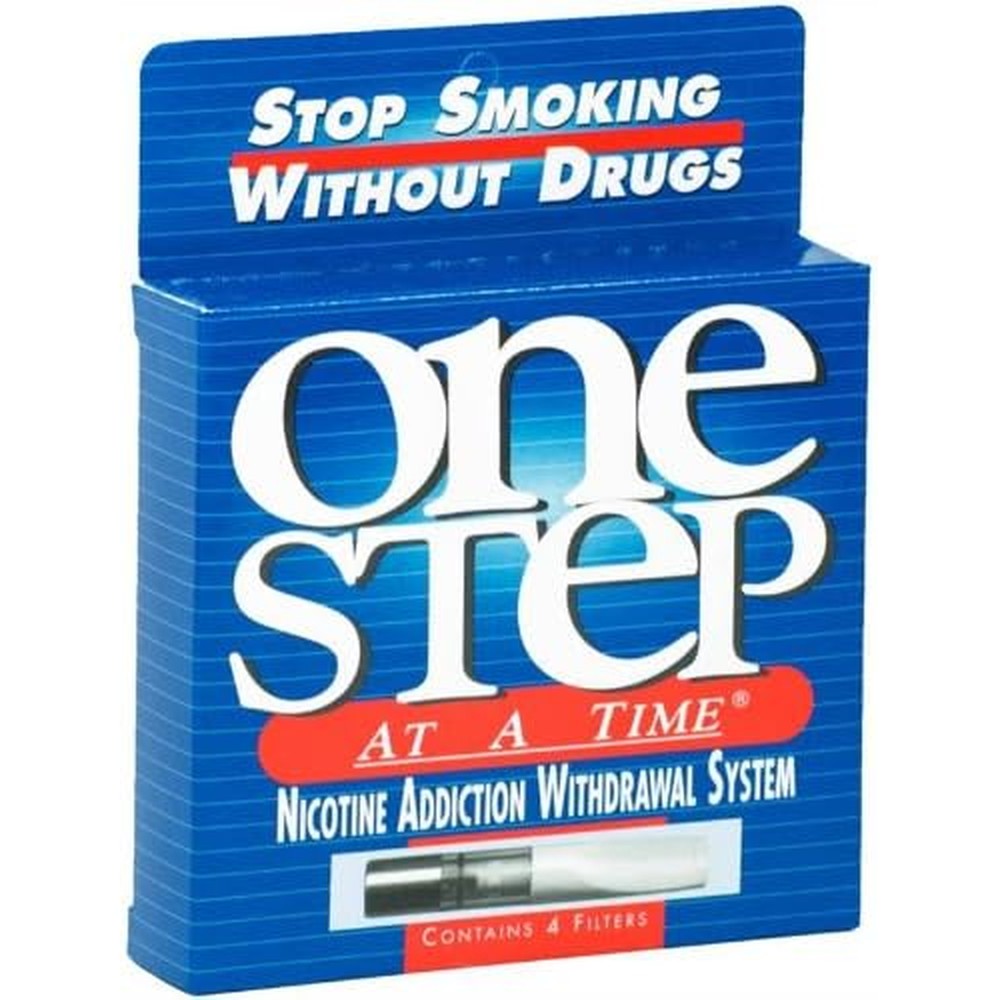 One Step At A Time Nicotine Addiction Withdrawal System packaging showing four filters for natural smoking cessation.