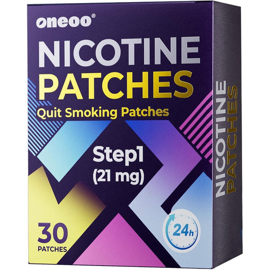Oneoo quit smoking patches step one front view of retail box packaging showing thirty count