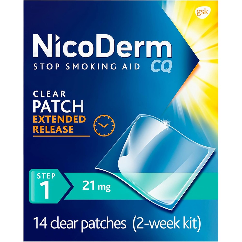 NicoDerm CQ Step 1 Nicotine Patches 21 mg 14 count box front view smoking cessation aid