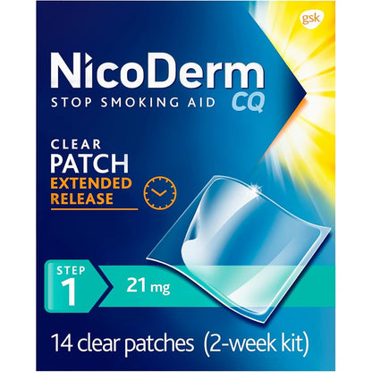 NicoDerm CQ Step 1 Nicotine Patches 21 mg 14 count box front view smoking cessation aid