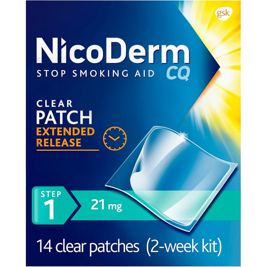 NicoDerm CQ Step 1 Nicotine Patches 21 mg 14 count box front view smoking cessation aid