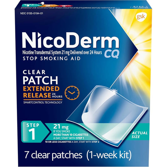 NicoDerm CQ Step 1 Nicotine Patches front box view for smoking cessation