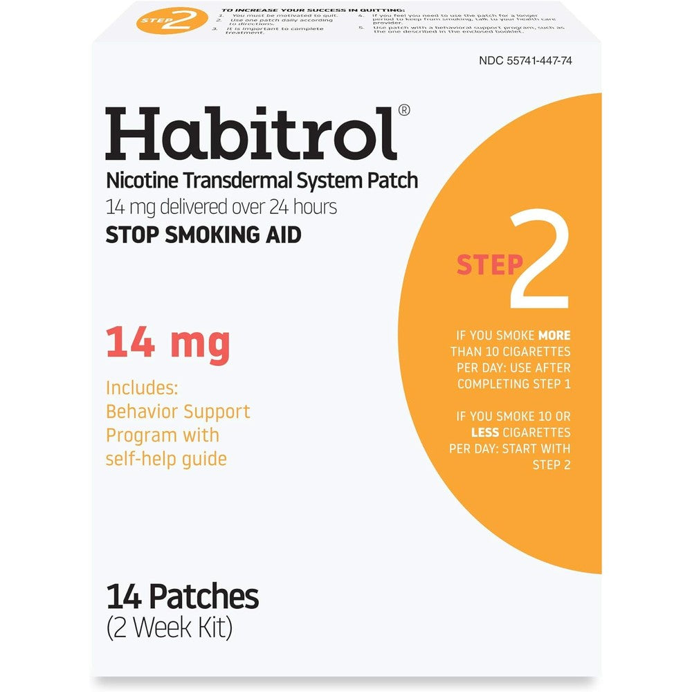 Habitrol Nicotine Transdermal System Patch Step 2 front packaging showing 14mg strength for smoking cessation.