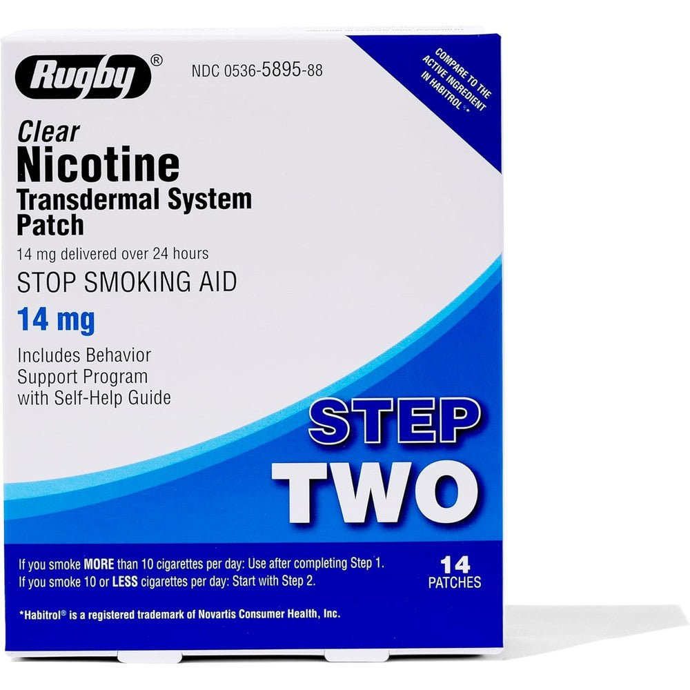 Rugby Laboratories Clear Nicotine Patch Step 2 front box view for smoking cessation