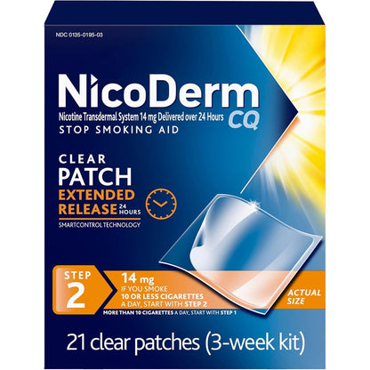 NicoDerm CQ Step 2 Nicotine Patches front box view for smoking cessation