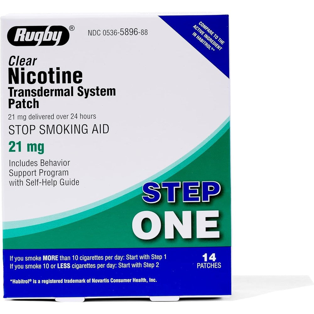 Rugby Laboratories Clear Nicotine Patches Step 1 front packaging smoking cessation aid.